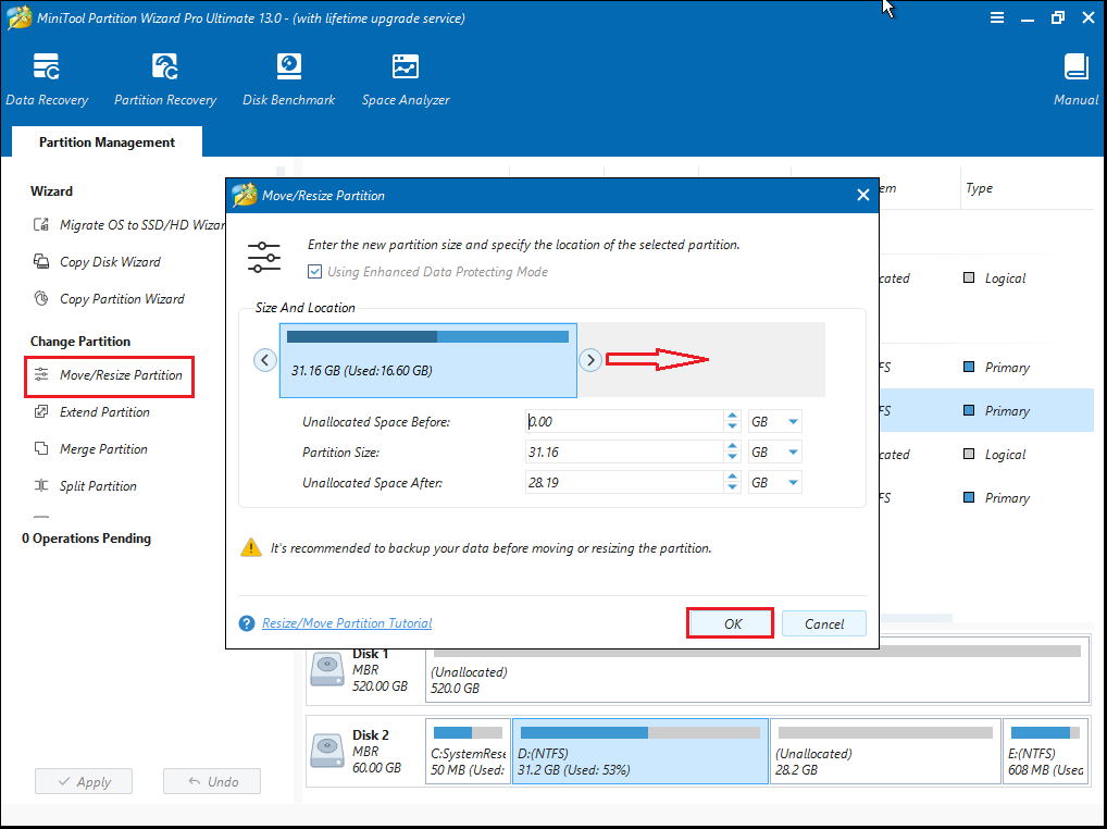 extend C drive by using Move/resize partition feature in MiniTool Partition Wizard