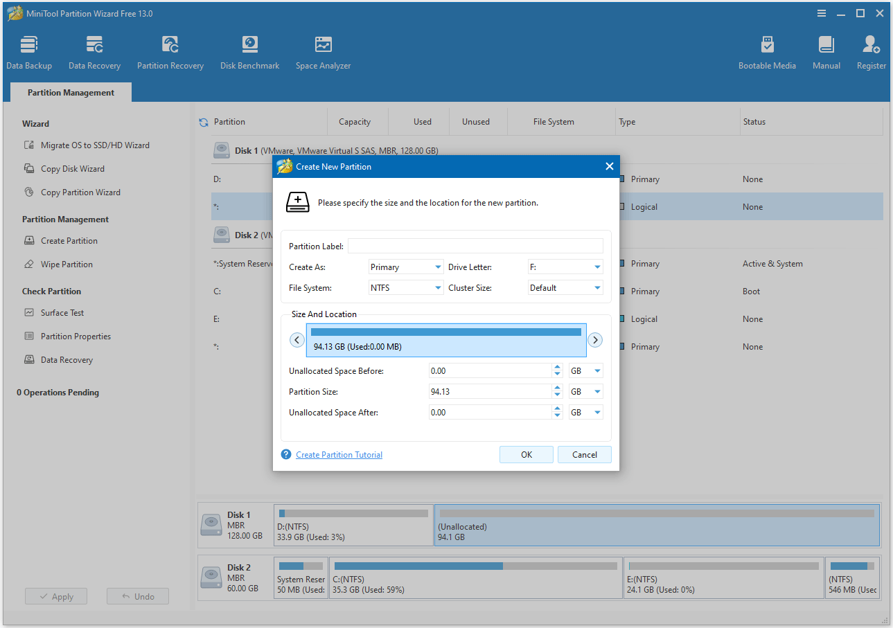 configure the new partition in MiniTool Partition Wizard