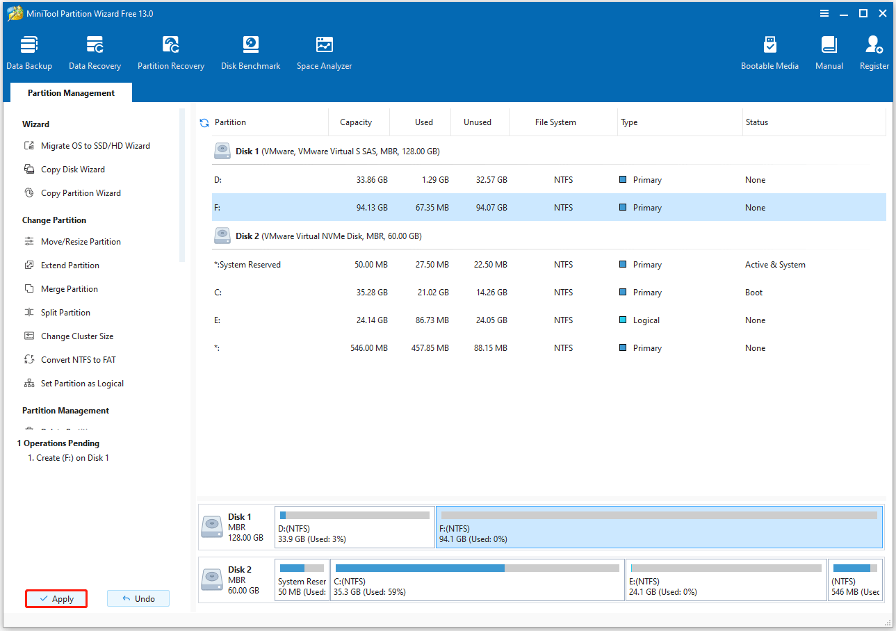 click Apply to confirm the operation in MiniTool Partition Wizard