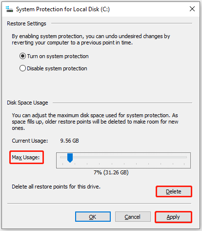 reduce the Max Usage for restore points
