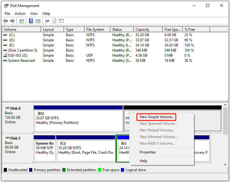 create a new partition using Disk Management