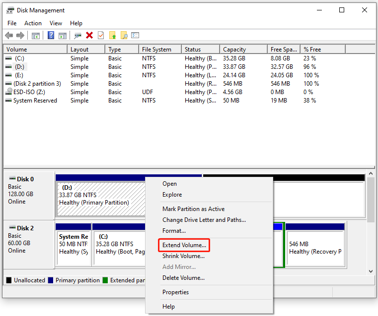 extend an existing partition using Disk Management