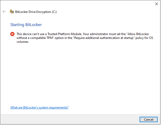 Screenshot showing TPM not available error, with instruction to modify group policy for BitLocker.