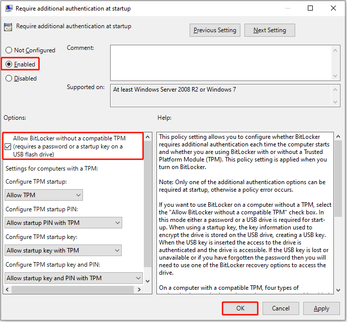 Group Policy Editor interface displaying the option to enable BitLocker on devices without a TPM.