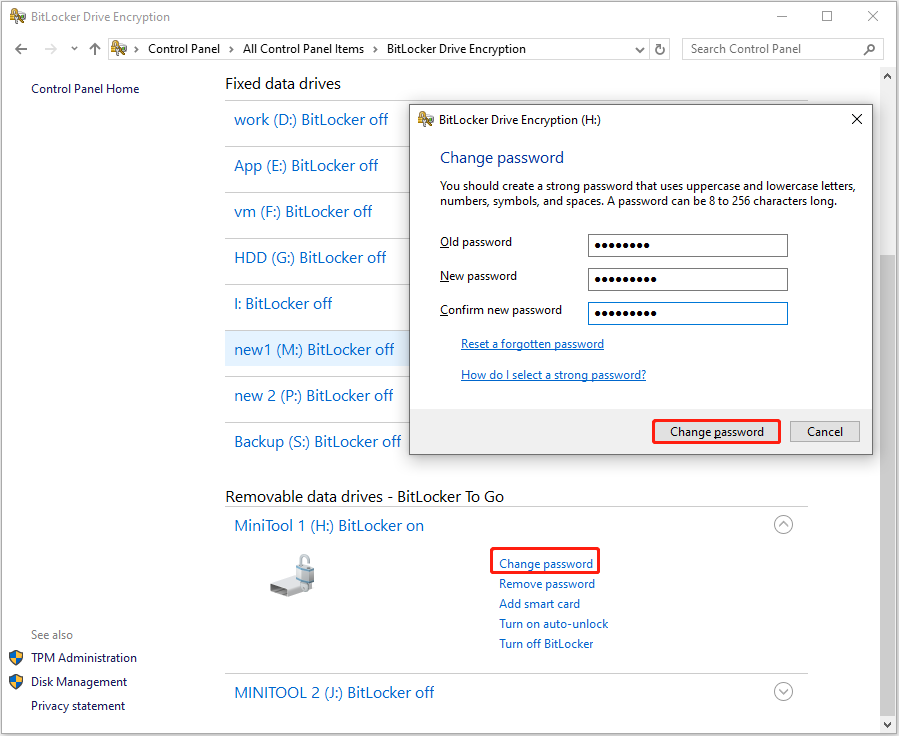 Control Panel interface with two Change password options selected to change BitLocker password.