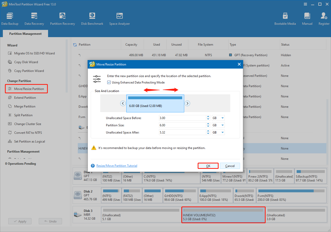 MiniTool Partition Wizard interface with Move/Resize Partition selected, showing draggable bar for adjusting size in dialog.