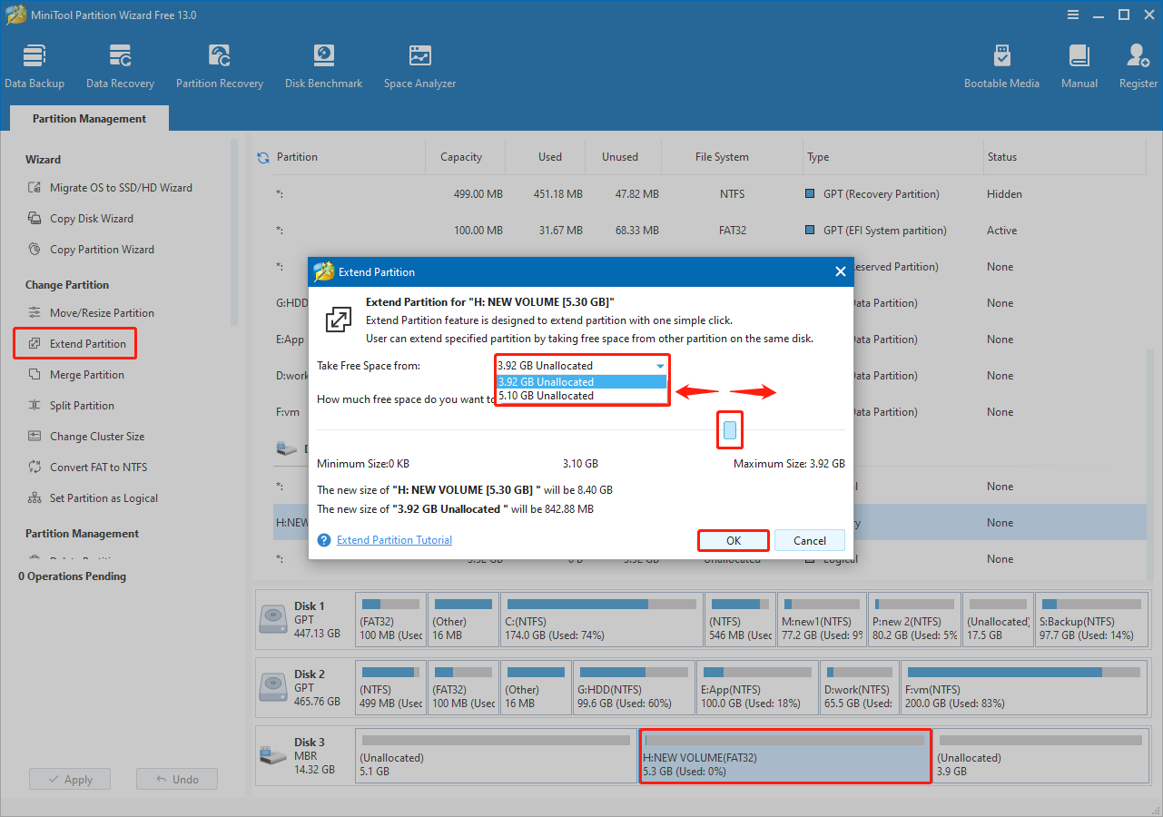 Extend Partition selected in MiniTool Partition Wizard, with a dialog to select the source and amount of free space.