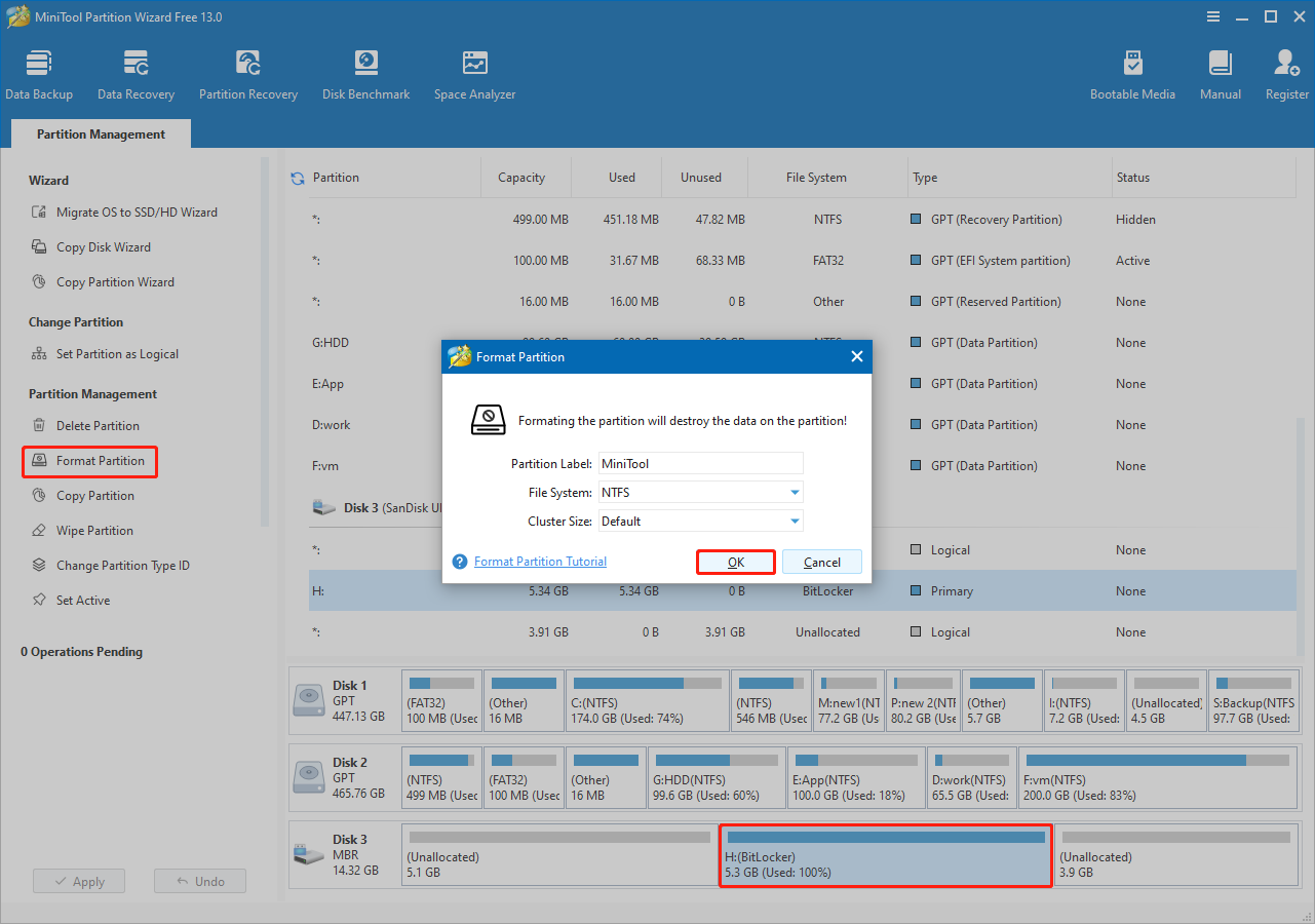MiniTool Partition Wizard interface with Format Partition selected in the left side to format a BitLocker drive.