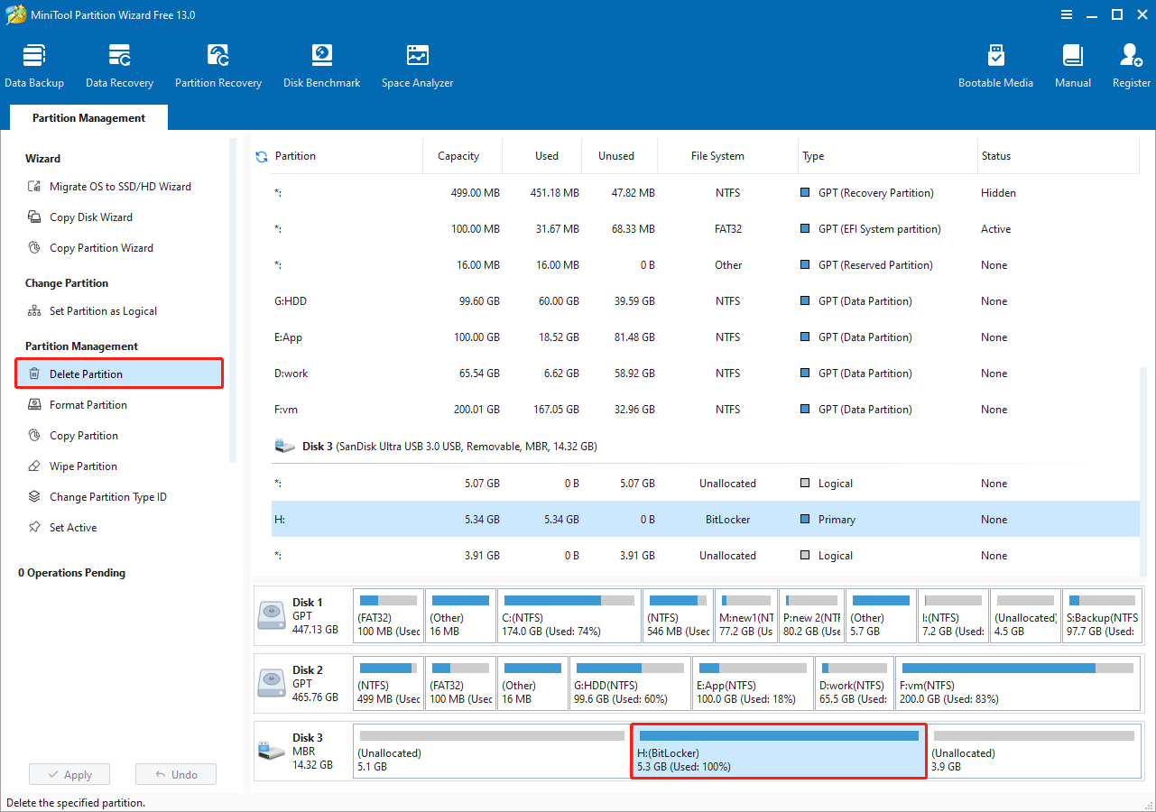 MiniTool Partition Wizard interface with Delete Partition selected in the left menu to delete a BitLocker drive.