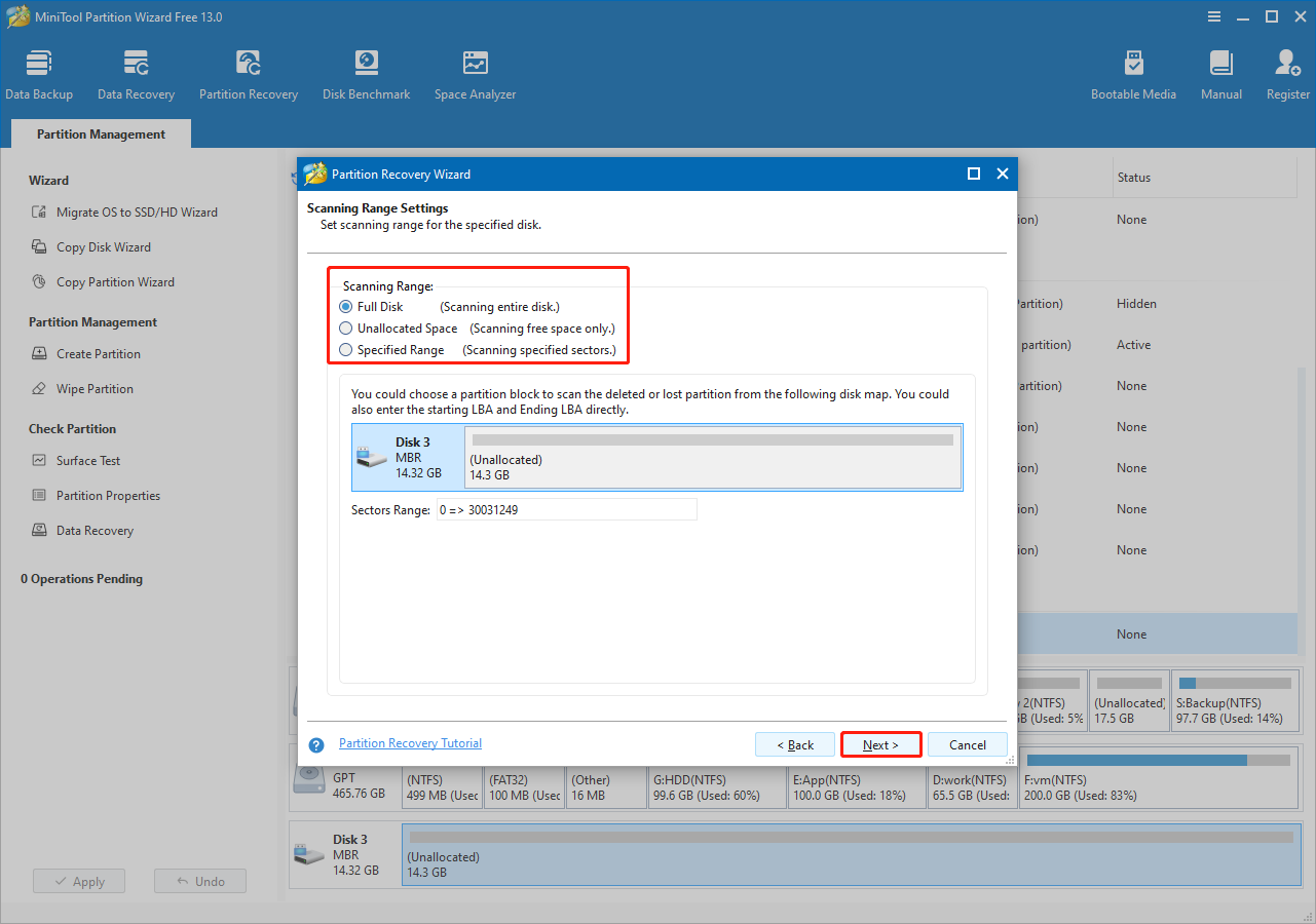 MiniTool Partition Wizard interface with three scanning ranges highlighted in Partition Recovery Wizard dialog.