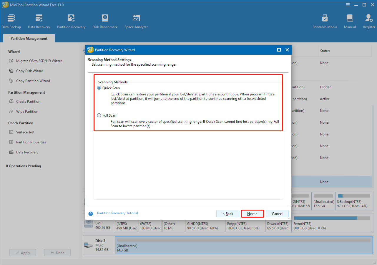 MiniTool Partition Wizard interface with Quick Scan and Full Scan options selected in Partition Recovery Wizard dialog.