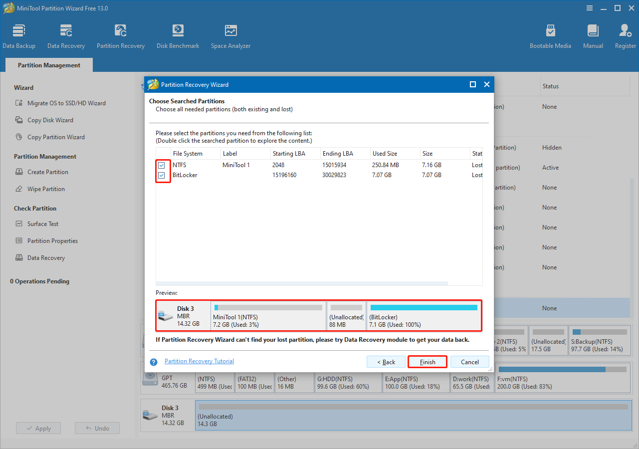 MiniTool Partition Wizard interface with found partitions selected for preview and recovery in Partition Recovery Wizard.