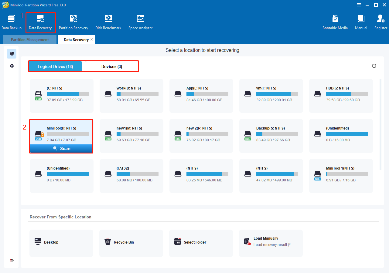 MiniTool Partition Wizard interface with Data Recovery selected and Scan highlighted to scan for files.