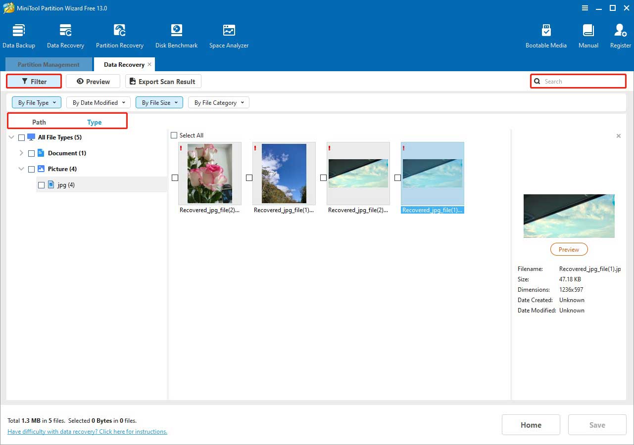 MiniTool Partition Wizard interface with Path, Type, Filter, and the search box selected to locate required files.