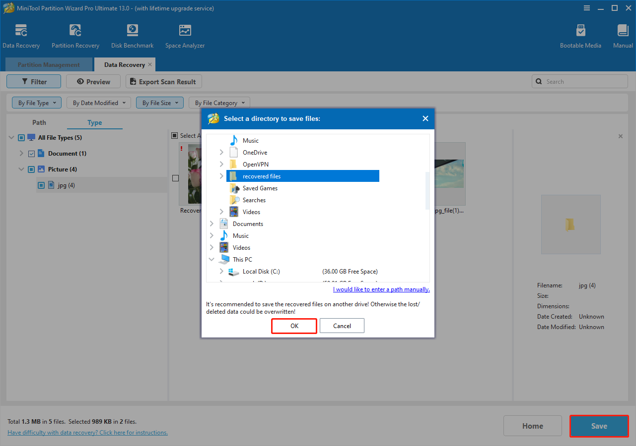 MiniTool Partition Wizard interface showing selected files, highlighted Save option, and available save locations.