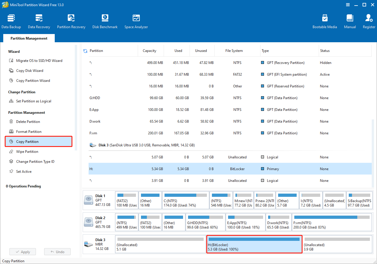 MiniTool Partition Wizard interface with BitLocker partition selected and Copy Partition feature highlighted.