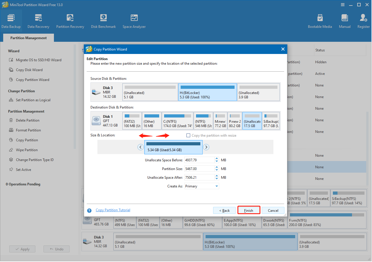 MiniTool Partition Wizard interface with a slider dragged to specify the copied partition location.