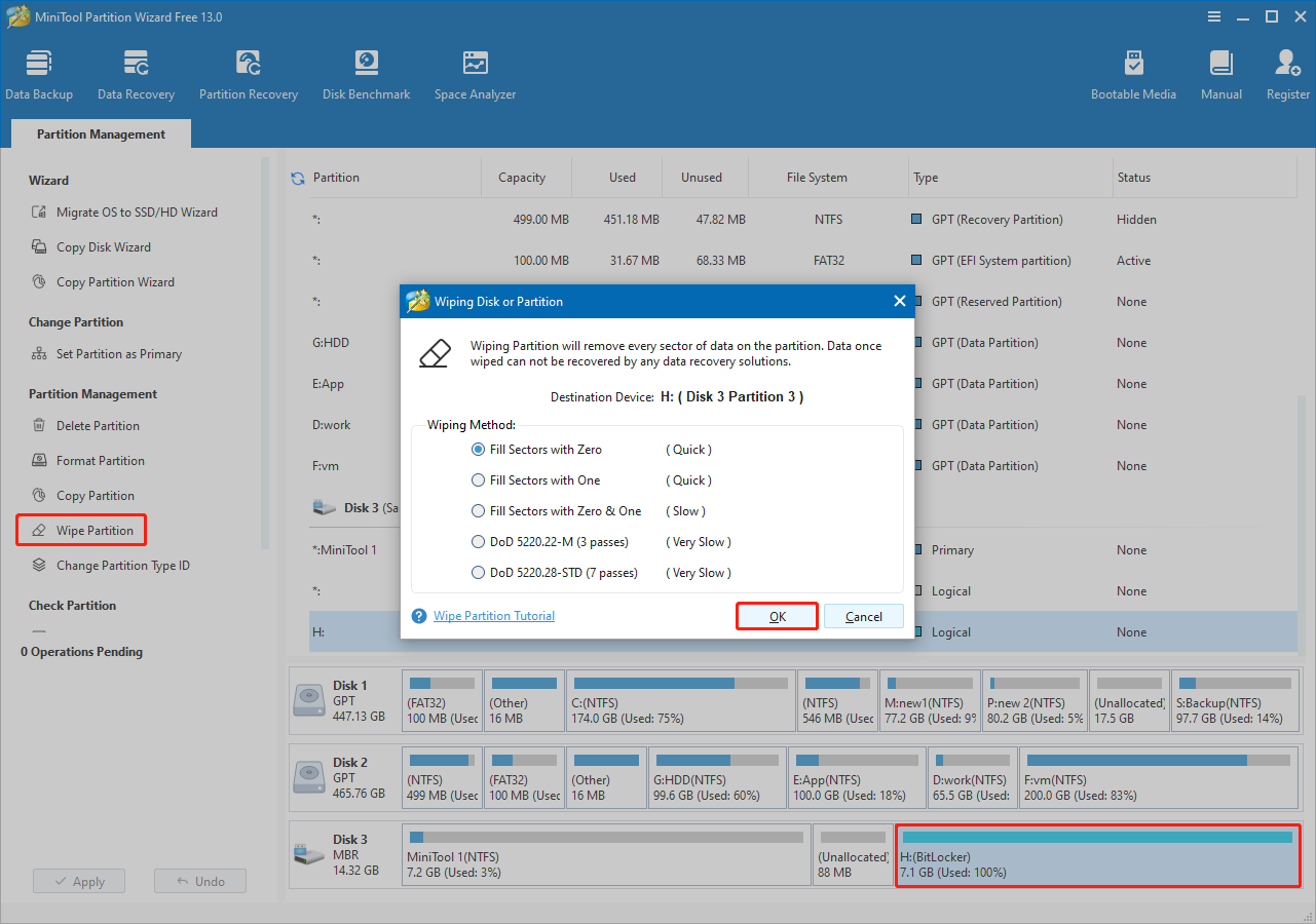 MiniTool Partition Wizard interface with Wipe Partition selected and different wiping methods listed.