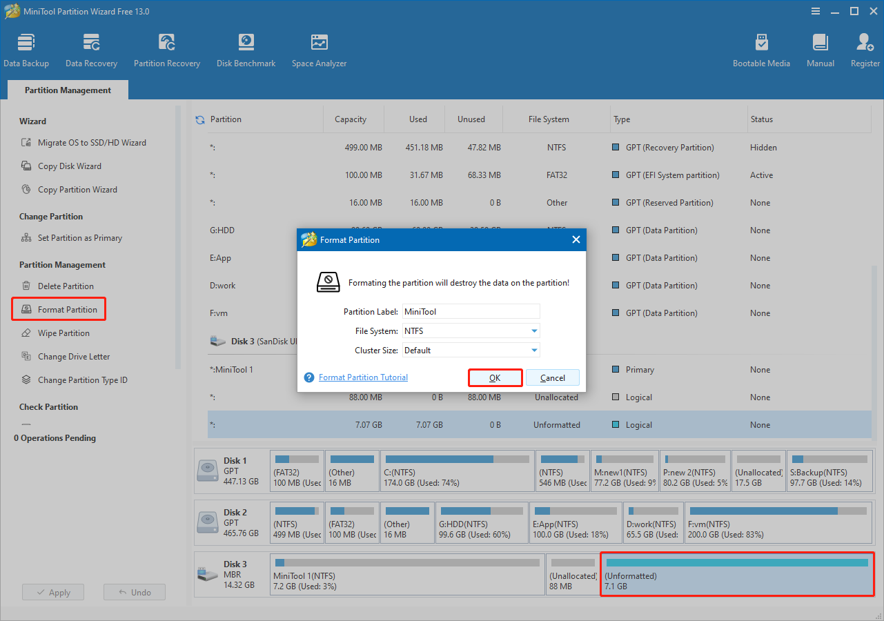 MiniTool Partition Wizard interface with Format Partition selected to format the wiped partition.