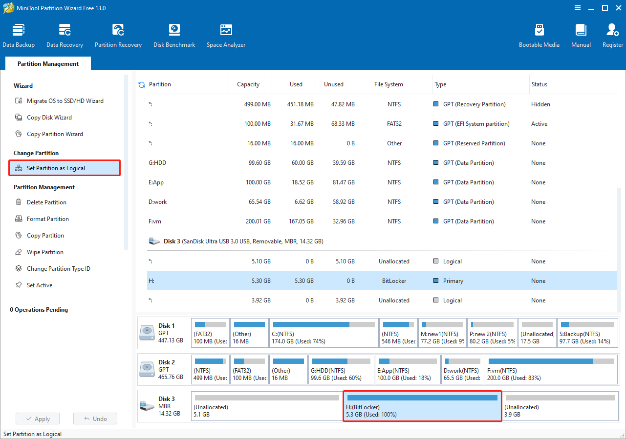 MiniTool Partition Wizard interface with the BitLocker partition and the Set partition as Logical feature selected.