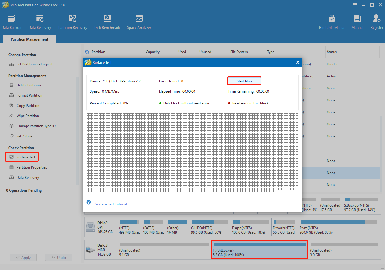 Surface Test feature selected in MiniTool Partition Wizard, with the Start Now option highlighted in the dialog box.