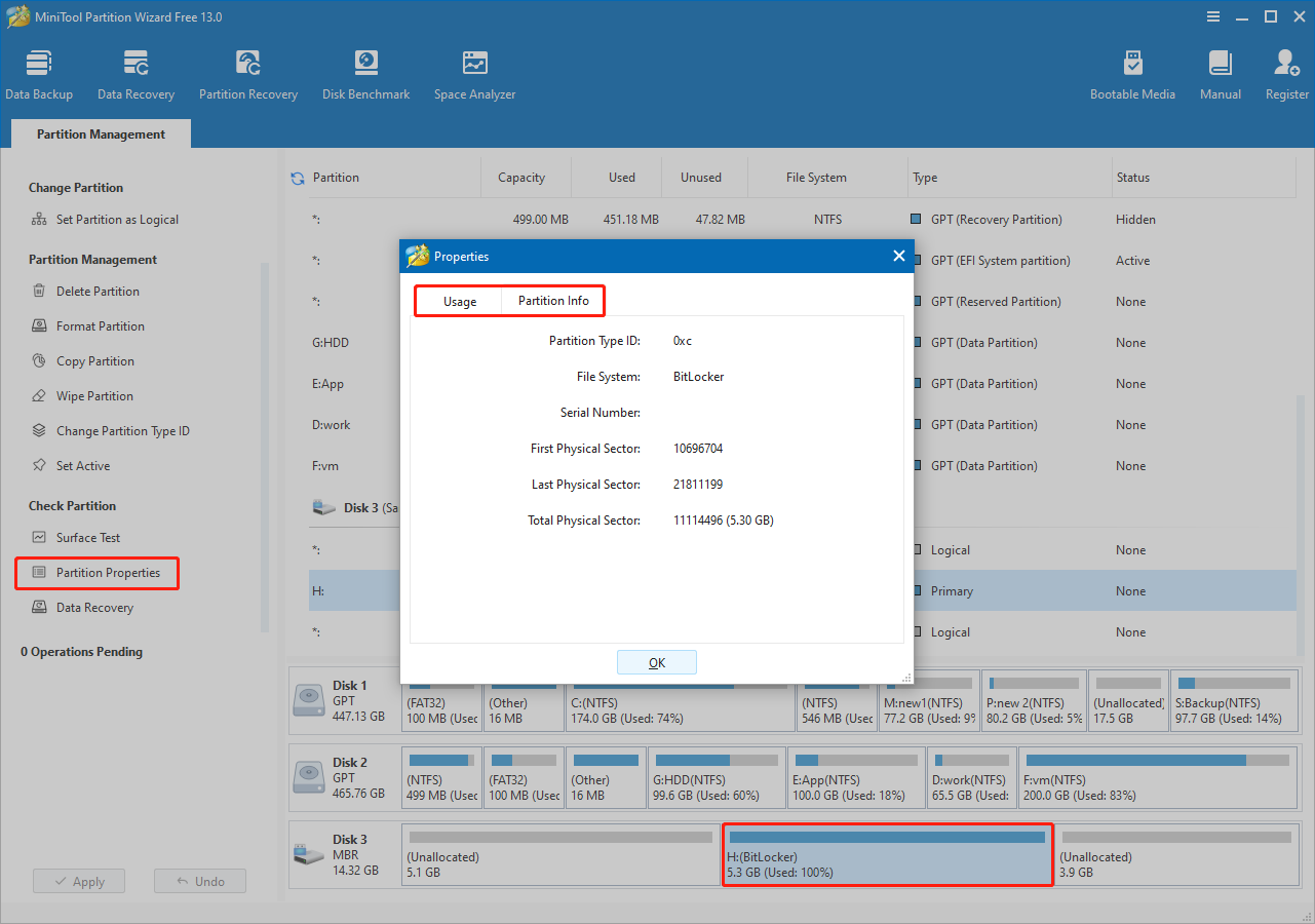 MiniTool Partition Wizard interface with Partition Properties selected, showing usage and info in Properties dialog.