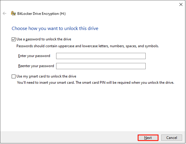 BitLocker setup interface for choosing how to unlock the drive, with the Next button selected.