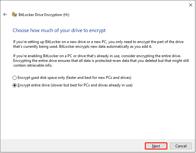 BitLocker interface for choosing how much of the drive to encrypt, with the Next button selected.