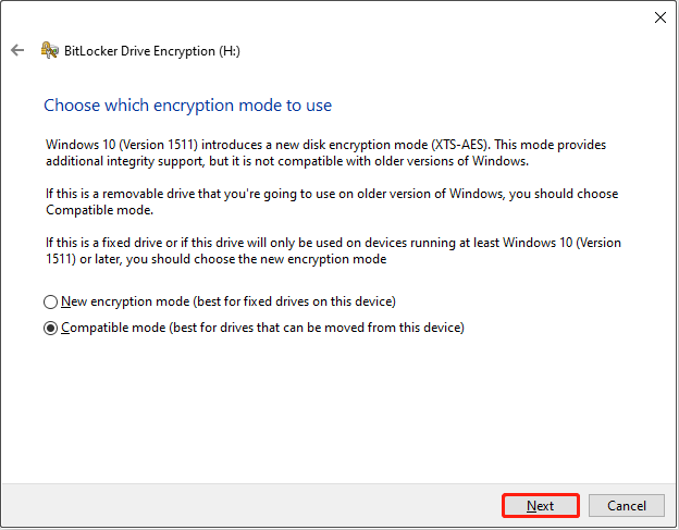 BitLocker interface for choosing the encryption mode, with the Next button selected.