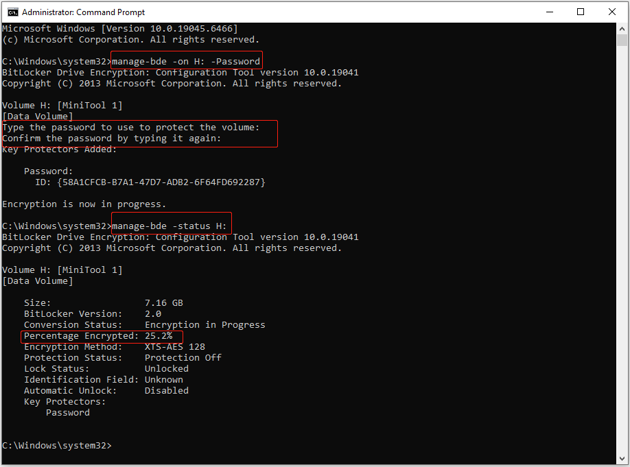 Command Prompt window that shows how to enable BitLocker and check encryption percentage.
