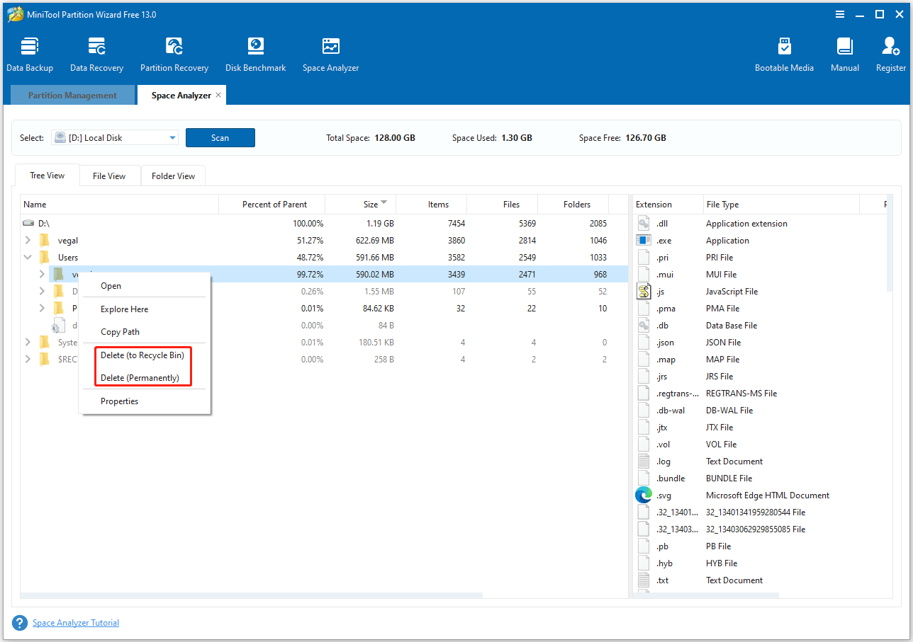 delete files to the Recycle Bin or delete permanently in MiniTool Partition Wizard