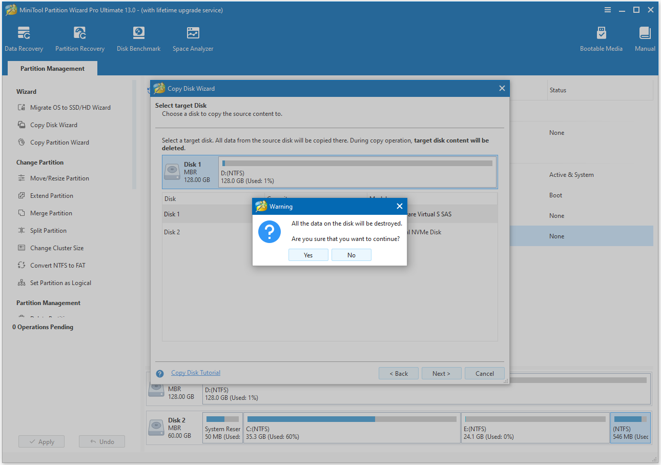 select the source and target disks with MiniTool Partition Wizard