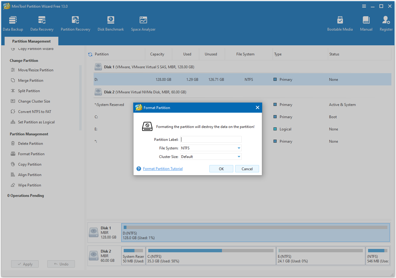 configure some settings for formatting in MiniTool Partition Wizard