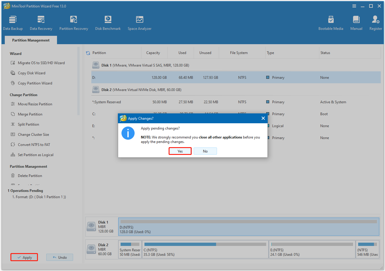 click Apply to perform the process in MiniTool Partition Wizard
