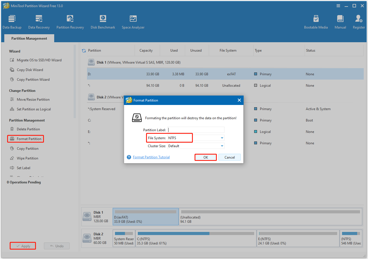 format the drive to NTFS using MiniTool Partition Wizard