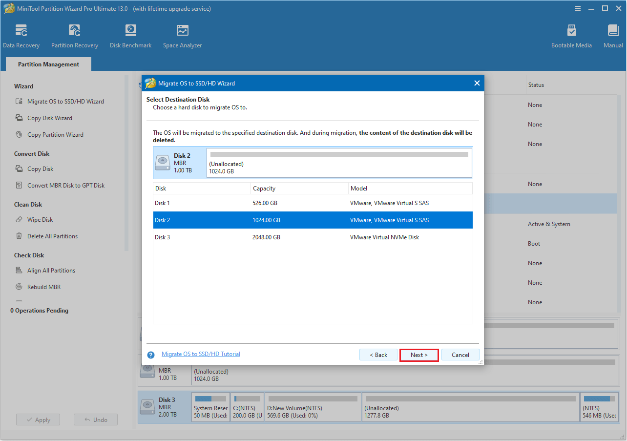 select a destination disk in MiniTool Partition Wizard