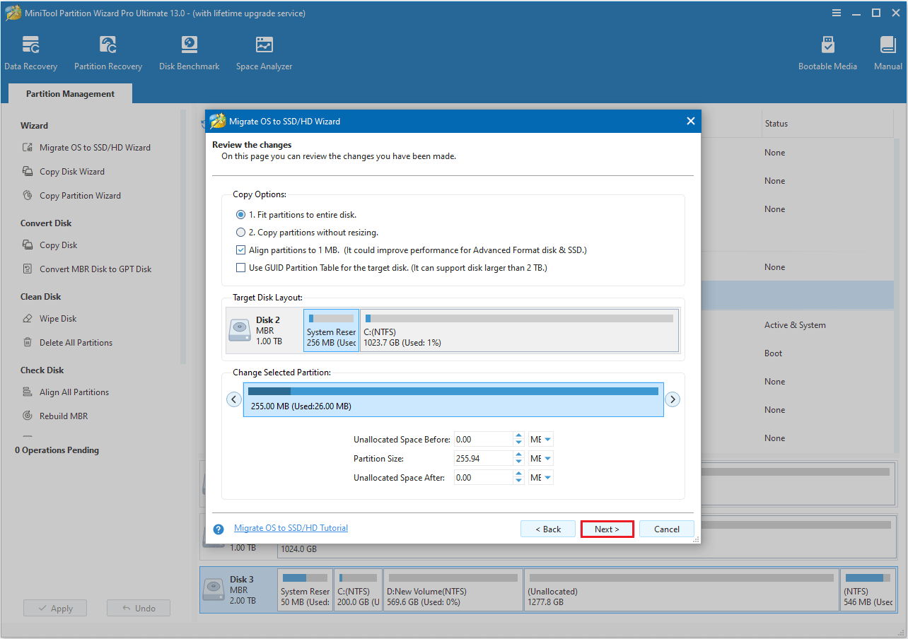 choose a copy option in MiniTool Partition Wizard