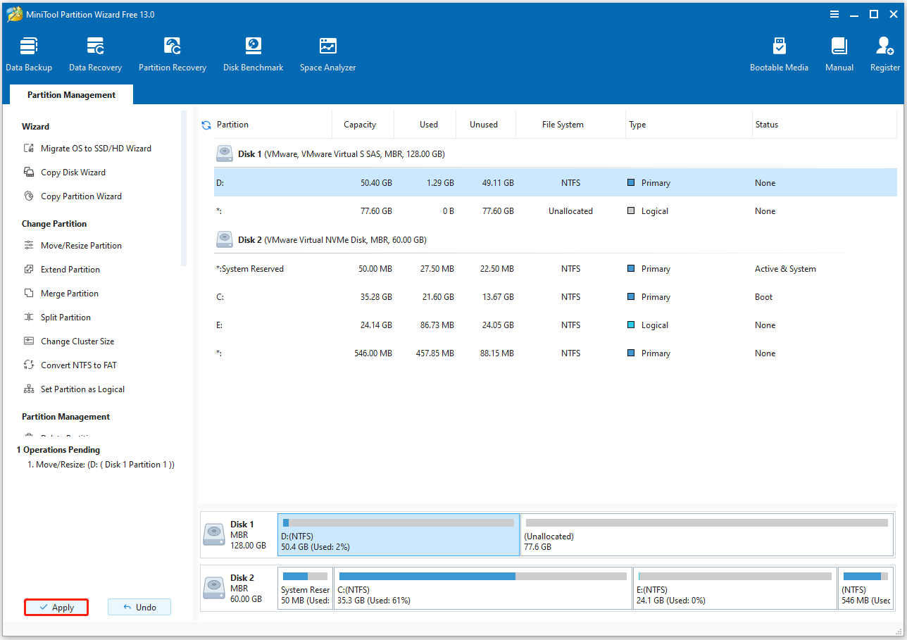 confirm the operation in MiniTool Partition Wizard