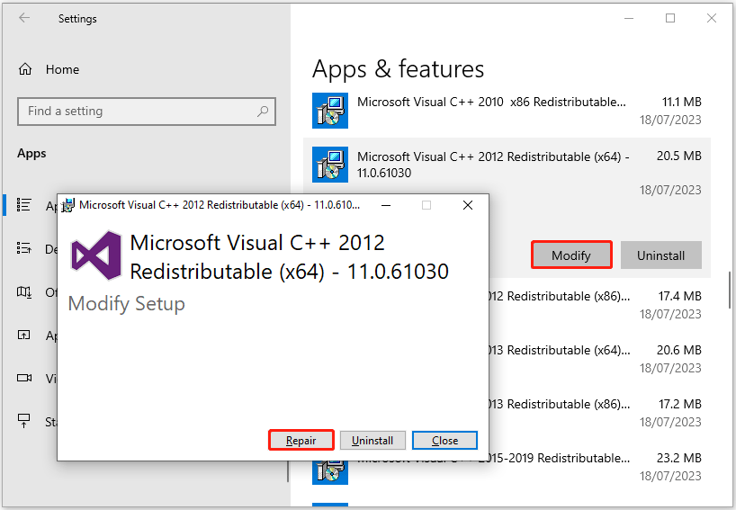 repair Microsoft Visual C++ redistributable packages