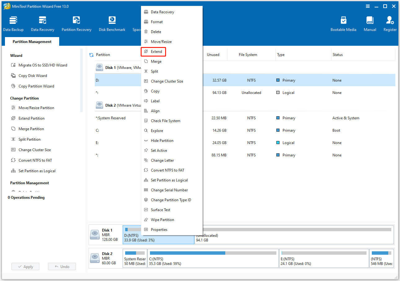 click Extend in MiniTool Partition Wizard