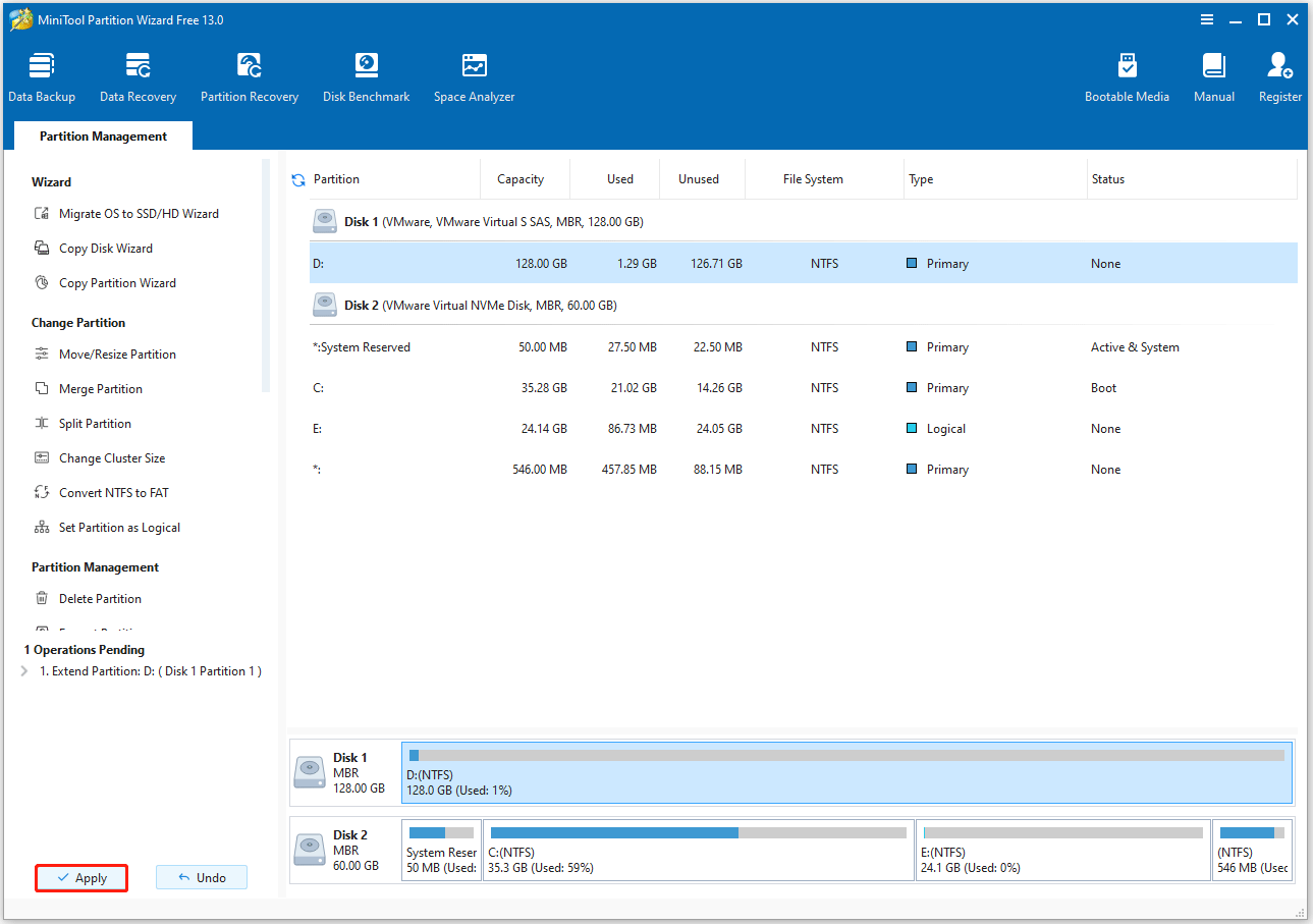 confirm the operation in MiniTool Partition Wizard