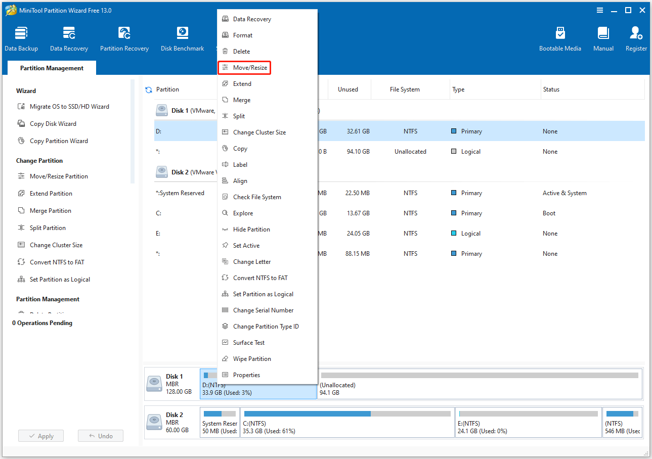 select Move/Resize in MiniTool Partition Wizard
