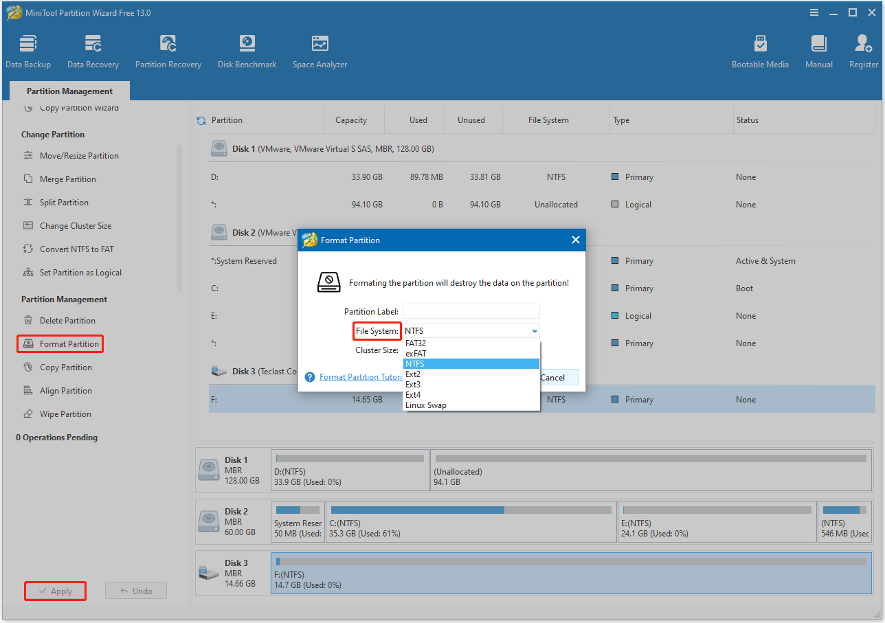 format the card on a Windows PC using MiniTool Partition Wizard