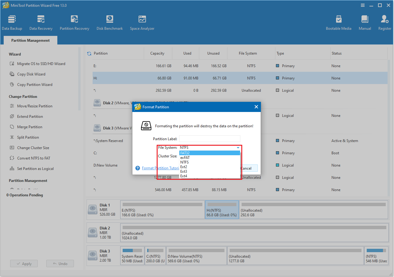 format a partition and choose a file system in MiniTool Partition Wizard