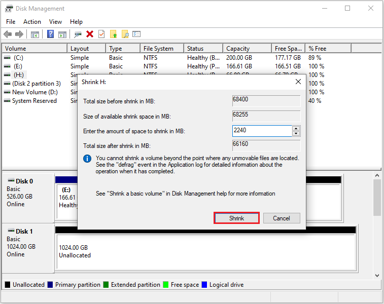 shrink volume in Disk Management