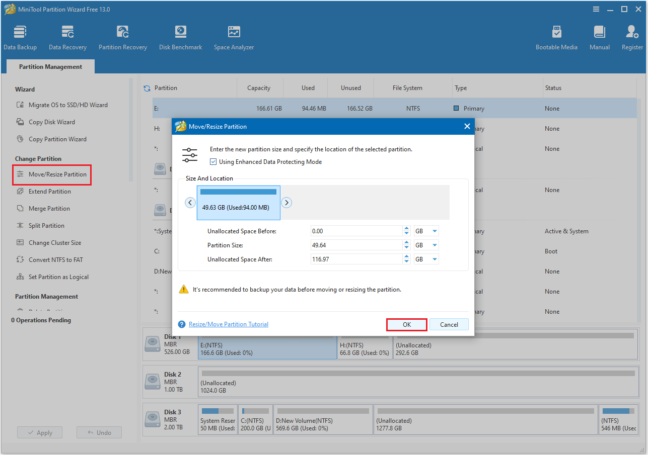 shrink the partition in MiniTool Partition Wizard