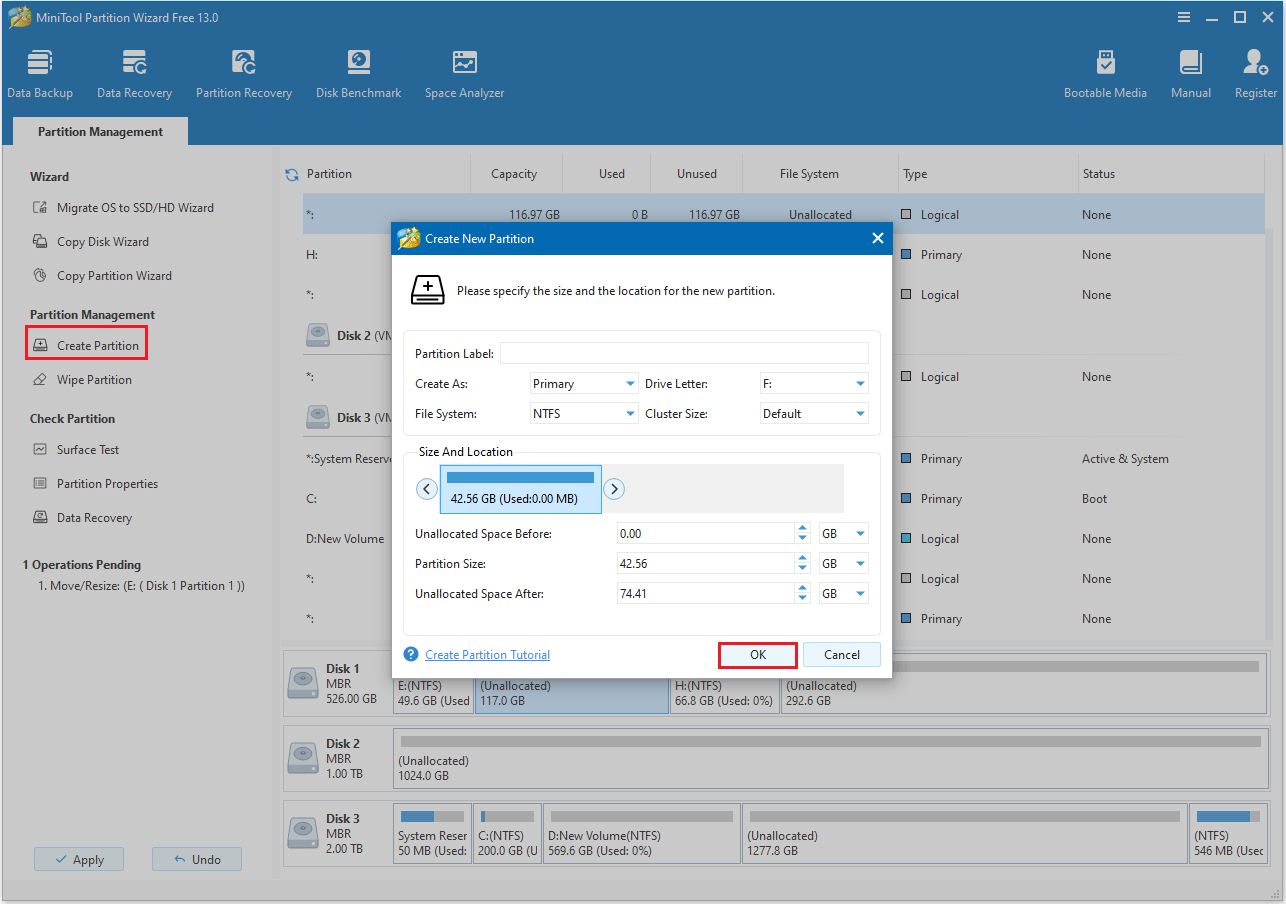 create Partition in MiniTool Partition Wizard