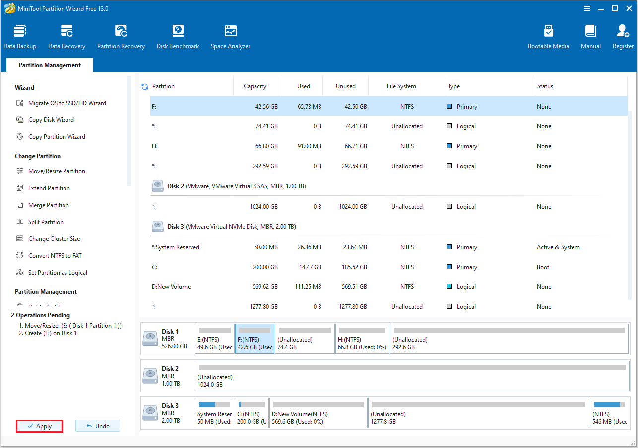 click Apply to confirm the operation of shrinking and creating the partition