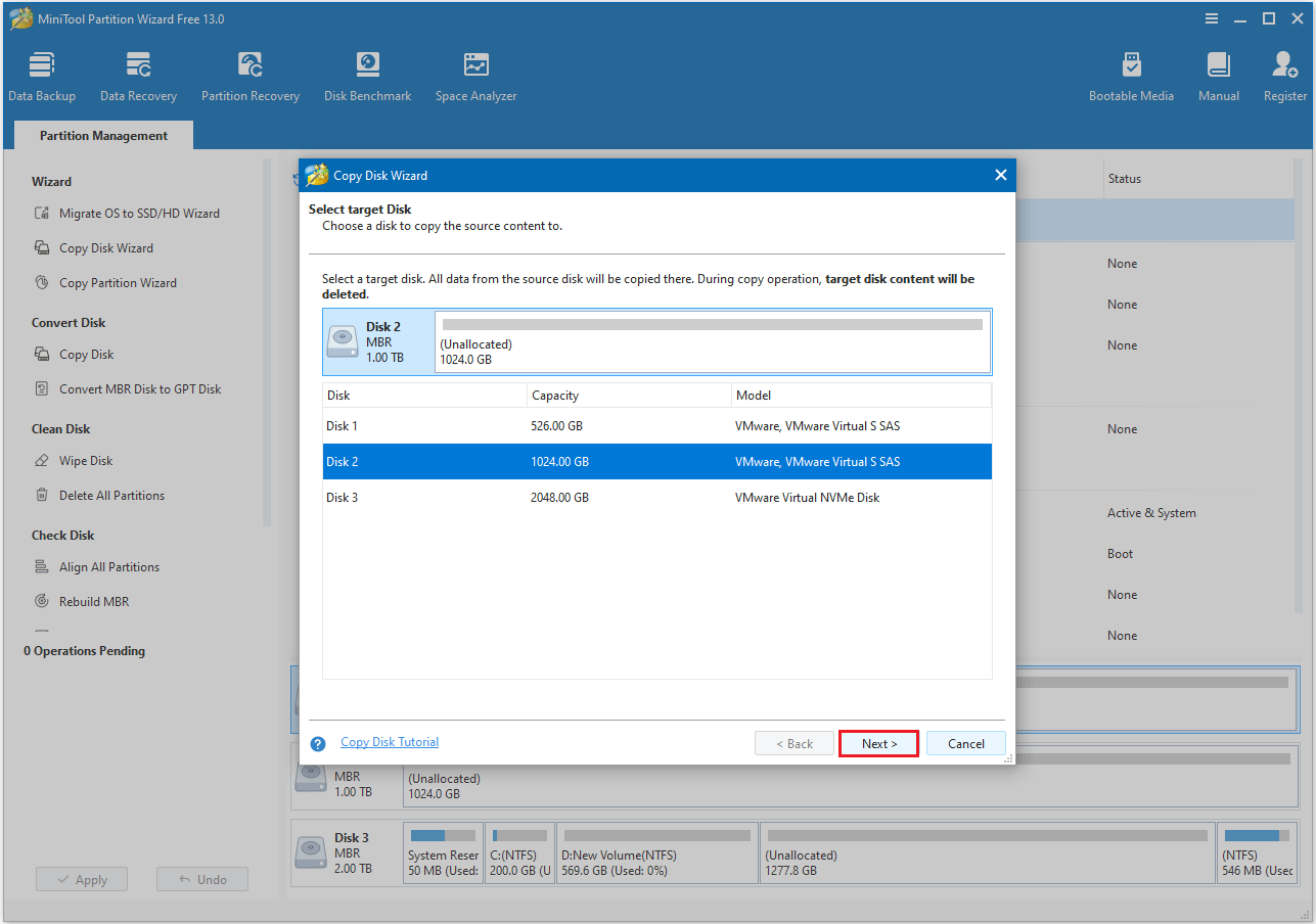 choose a target disk in MiniTool Partition Wizard
