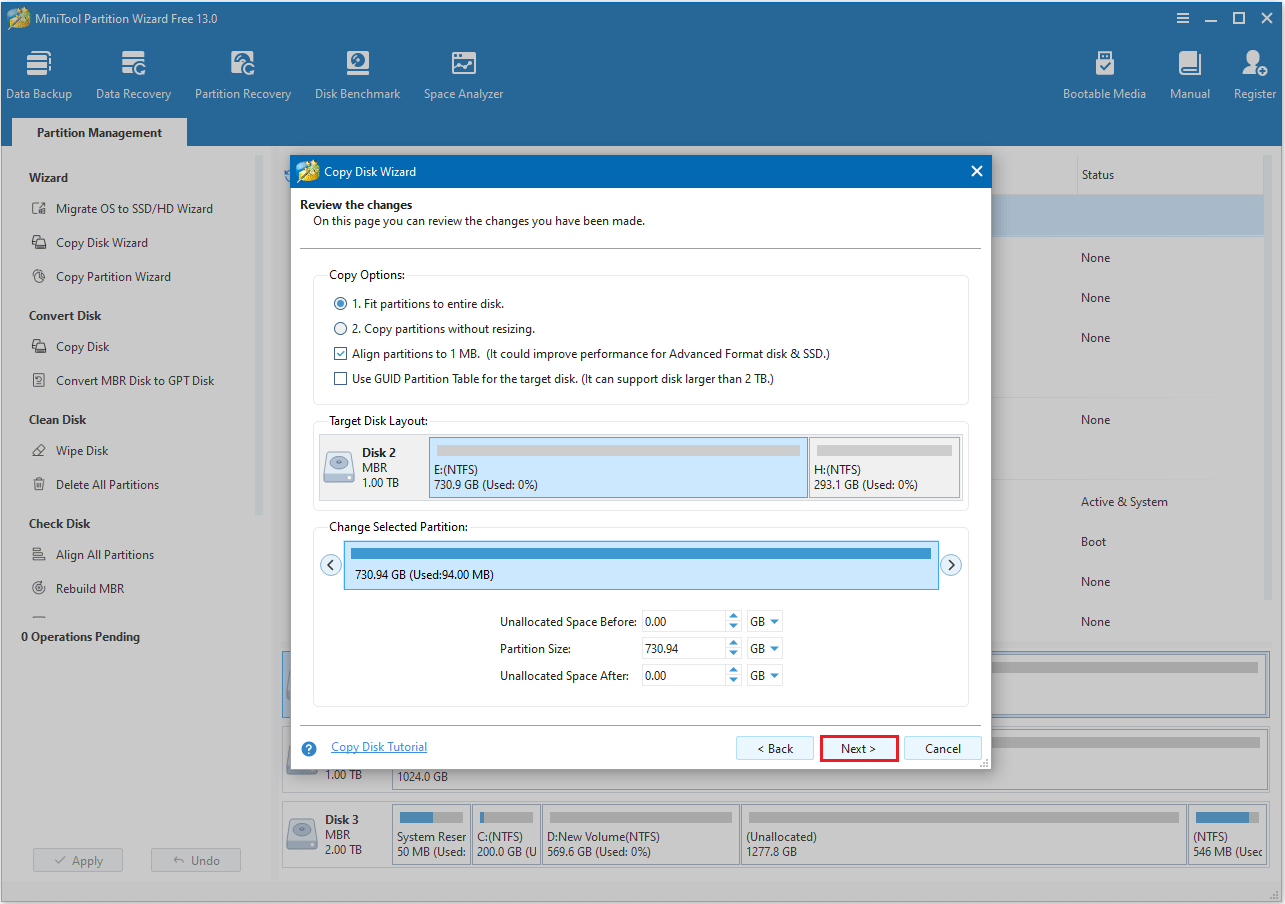 choose a copy option in MiniTool Partition Wizard